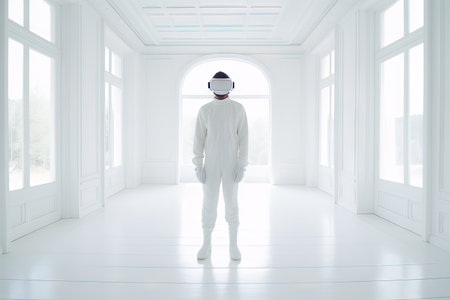 VR goggles technology concept with a person wearing virtual reality glasses device in white room. Generated AIの素材