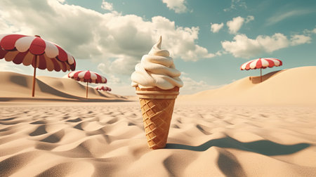 Ice cream cone in the sand of the beach. Vacation scene with ice cream on the shore line. Generative AIの素材