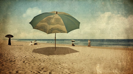 Umbrella on the hot sand of the beach. Grungy card with vacation scene of parasol on the shore line. Generative AIの素材