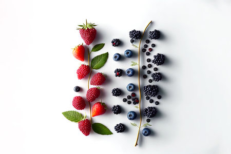 Various berries composition with leaves on white background. Juicy berries laying. Generated AIの素材