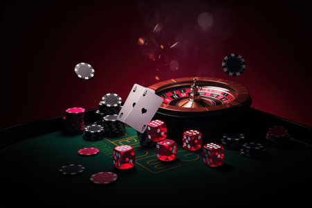 Casino concept with abstract gambling objects. Dark casino room with roulette, cards and dices. Generative AIの素材