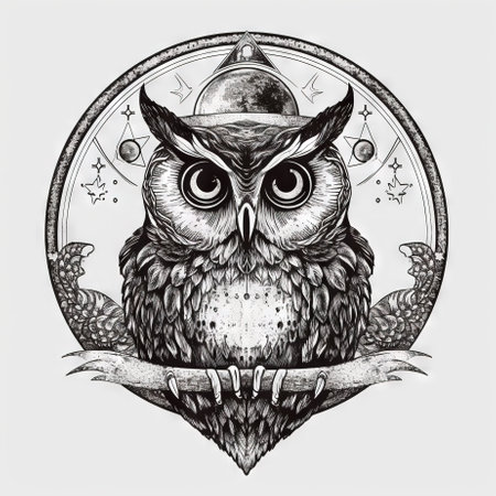 Wild owl with mystic design elements. Occult wise bird black and white symbol in vintage style. Generated AI.の素材