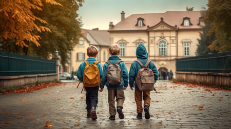 Children walking back home from school with backpacks. Generated AIの素材