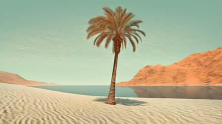 Palm tree on the sand of the beach. Vacation scene with palm on the shore line. Generative AIの素材