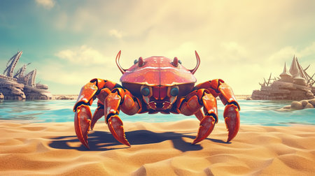 Curious crab on the sandy beach in nostalgic card style. Retro vacation postcard with crab on the coast. Generated AIの素材
