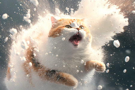 Cat smacked by snowball. Cute kitten with surprised and angry face, hit by snow during winter game. Generated AIの素材