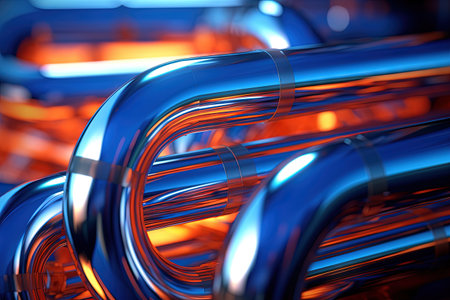 Abstract chrome pipes composition. Industry themed background with shiny metallic connected pipes. Generated AIの素材
