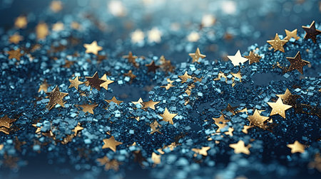 Abstract shiny background with blue and golden glitter. Scattered confetti sparkles with shiny gold and blue color. Generated AIの素材