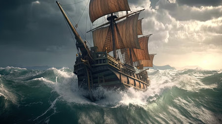 Ship in the stormy sea with huge waves. Giant stormy waves in the ocean and boat. Generated AIの素材