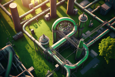Background with shiny factory pipes. Industrial pipeline communications, technology abstract. Generated AIの素材