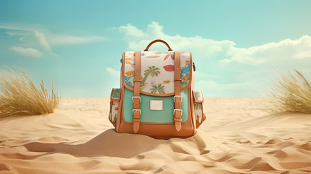 Backpack on the sand of the beach. Vacation scene with schoolbag on the shore line. Generative AIの素材