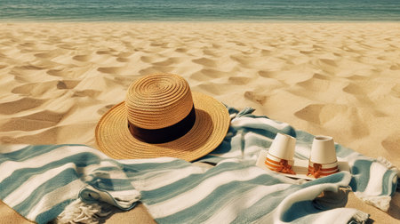 Hat and towel on the sand of the beach. Vacation scene with straw hat on the shore line. Generative AIの素材
