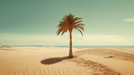Palm tree on the sand of the beach. Vacation scene with palm on the shore line. Generative AIの素材