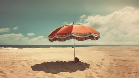 Umbrella on the hot sand of the beach. Grungy card with vacation scene of parasol on the shore line. Generative AIの素材