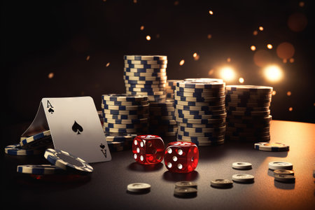 Casino concept with abstract gambling objects. Dark casino room with roulette, cards and dices. Generative AIの素材
