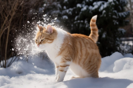 Cat smacked by snowball. Cute kitten with surprised and angry face, hit by snow during winter game. Generated AIの素材
