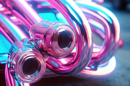 Abstract chrome pipes composition. Industry themed background with shiny metallic connected pipes. Generated AIの素材
