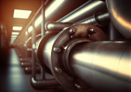 Background with shiny factory pipes. Industrial pipeline communications, technology abstract. Generated AIの素材