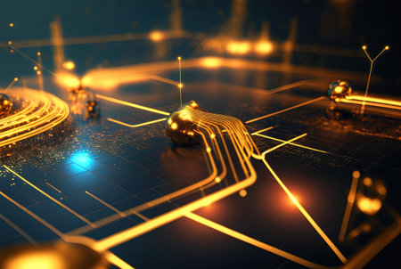 Abstract science and technology background with shiny connection elements and sci-fi intefrace. Tech abstraction wallpaper. Generated AIの素材