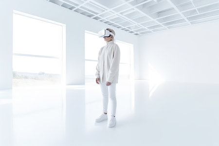 VR goggles technology concept with a person wearing virtual reality glasses device in white room. Generated AIの素材