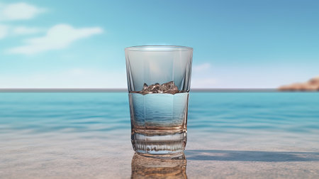 Glass with water in the sand of the beach. Vacation scene with glass on the shore line. Generative AI.の素材