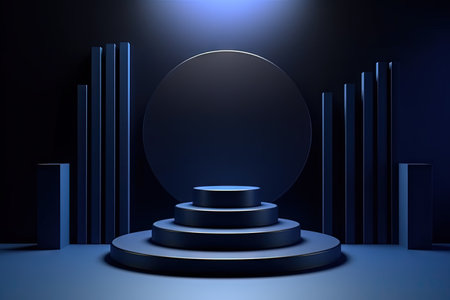 Dark blue pedestal in black room with geometric shapes. Podium for product showcase. Generated AIの素材