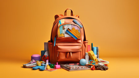 School backpack with colorful learning supplies. Back to school concept. Generated AIの素材