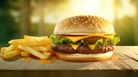 Juicy tasty hamburger on the table. Fast food image of a burger with grilled meat. Generated AIの素材