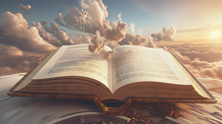 Open book with wisdow and knownedge on the pages. Education or religion concept in literature. Generated AIの素材