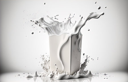 Milk splash with drops flying away. Splasj crown in the white milk. Generated AIの素材