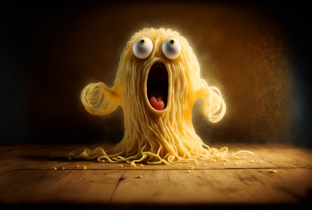 Funny monster spaghetti. Cute pasta, noodle or ramen character with crazy funny face. Generated AIの素材