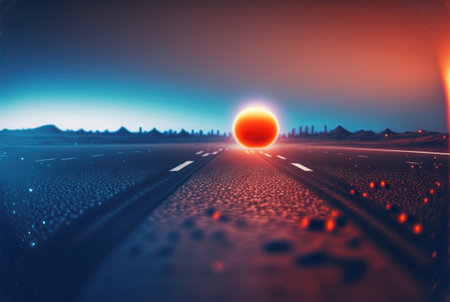 Road to the horizon concept with synthwave colors. Abstract background with surreal night way in 80s style. Generated AIの素材