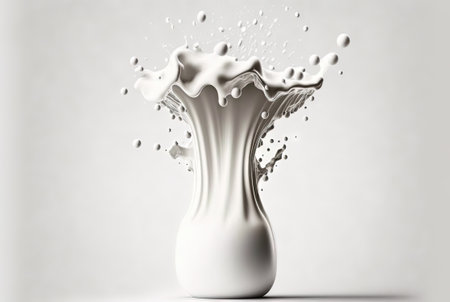 Milk splash with drops flying away. Splasj crown in the white milk. Generated AIの素材