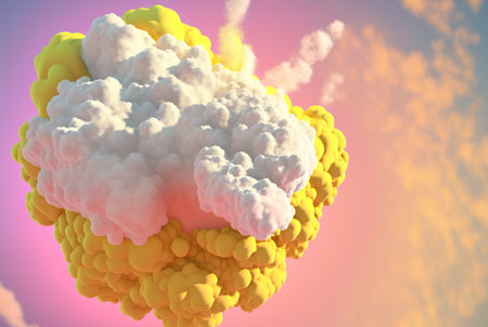 Abstract sweet foam clouds with splashing forms and drops. Colorful foam cloud ro sweet cotton background. Generated AIの素材