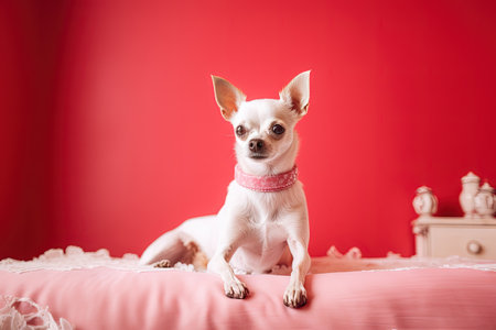 Little cute dog chihuahua in pink room with laces. Generated AIの素材