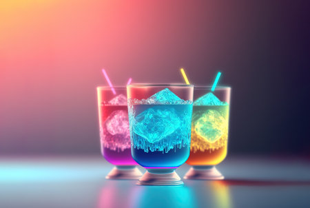 Club cocktails on the table with light. Colorful juicy drinks in glasses. Generated AIの素材