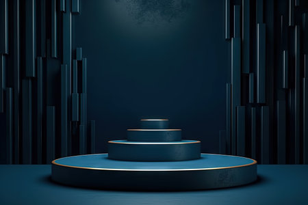 Dark blue pedestal in black room with geometric shapes. Podium for product showcase. Generated AIの素材