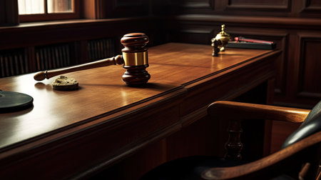 Judge hammer in the court room. Wooden gavel as a symbol of justice. Generated AIの素材