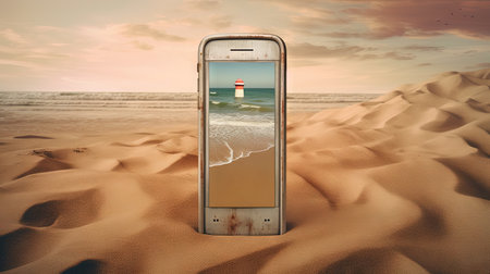 Smartphone in the sand of the beach. Vacation scene with phone on the shore line. Generative AIの素材