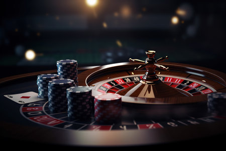 Casino concept with abstract gambling objects. Dark casino room with roulette, cards and dices. Generative AIの素材