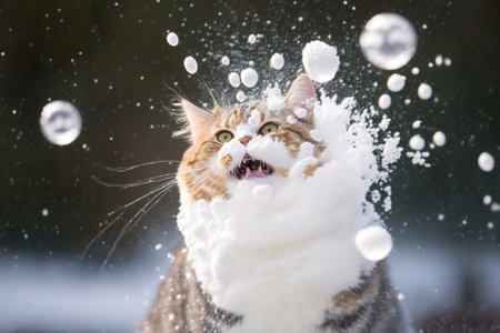 Cat smacked by snowball. Cute kitten with surprised and angry face, hit by snow during winter game. Generated AIの素材