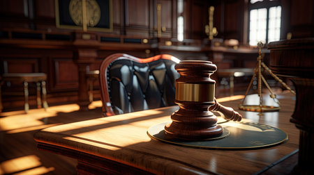 Judge hammer in the court room. Wooden gavel as a symbol of justice. Generated AIの素材