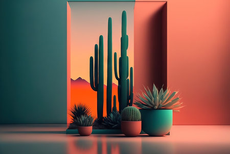 Abstract colorful interior with plants and minimalistic decorations. Vivid colored architectural background. Generated AIの素材