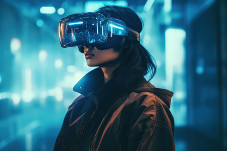 VR goggles technology concept with wearable glasses device. Virtual reality futuristic immersive experience. Generated AIの素材