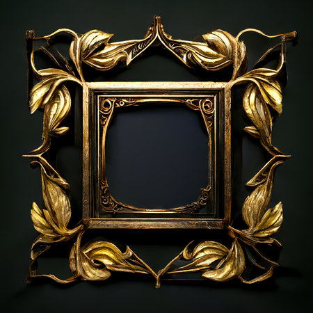 Golden ornamental frame on black bakcground. Retro golden frame with vintage ornament. Generative AIの素材