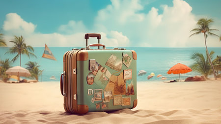 Suitcase in the sand of the beach. Vacation scene with travel case on the shore line. Generative AIの素材