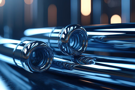 Abstract chrome pipes composition. Industry themed background with shiny metallic connected pipes. Generated AIの素材