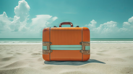 Suitcase in the sand of the beach. Vacation scene with travel case on the shore line. Generative AIの素材