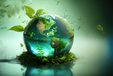 Ecological sustainability concept with stylized Earth as our home. Generated AIの素材