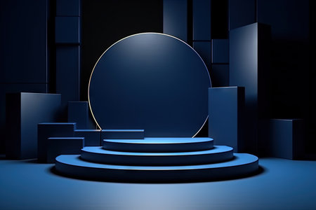 Dark blue pedestal in black room with geometric shapes. Podium for product showcase. Generated AIの素材